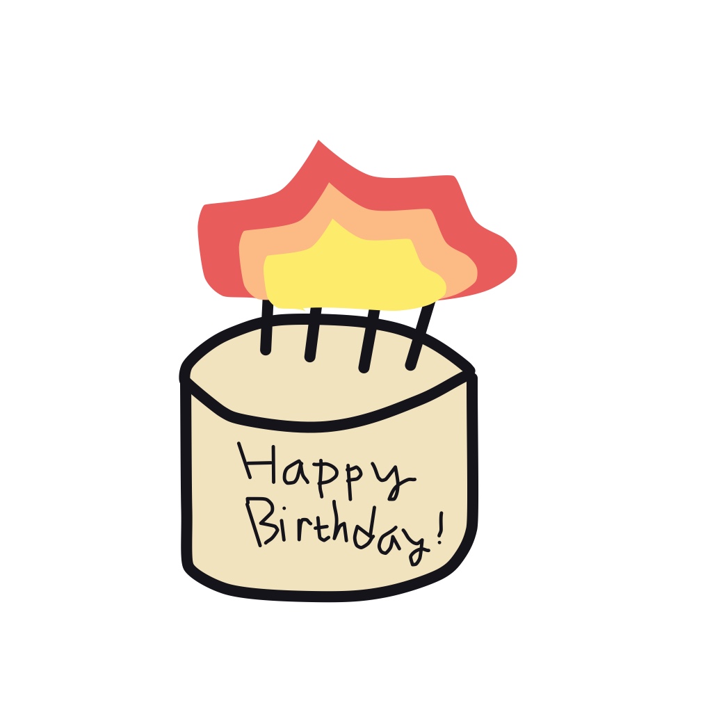 Cartoon-style birthday cake with candles and happy birthday lettering