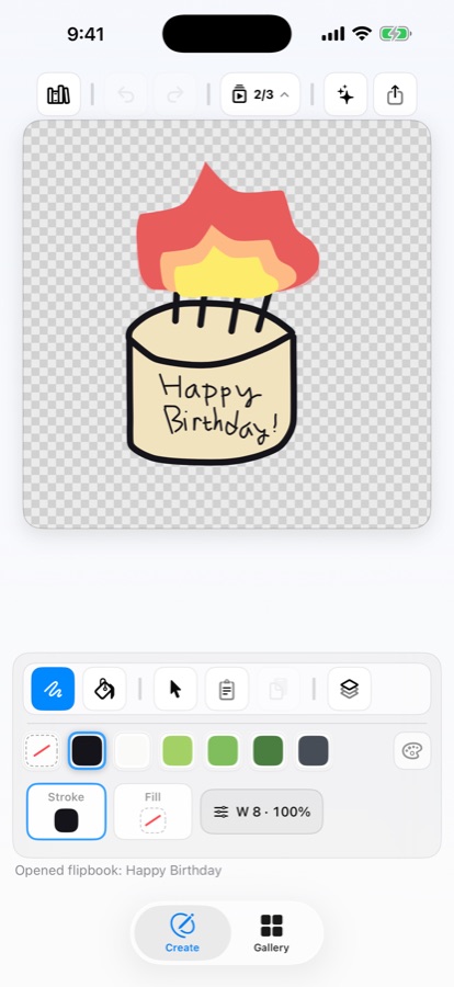 A birthday cake with flickering candles