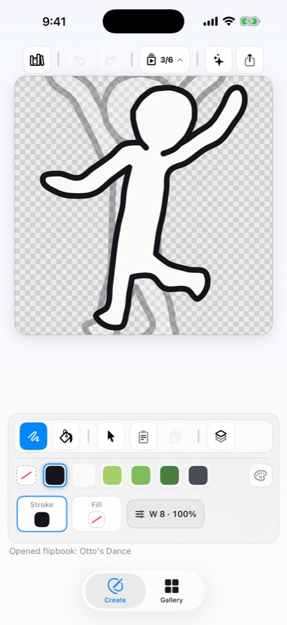 Otto the doodle character mid-dance